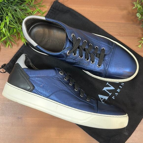 Lanvin Men's Metallic Blue Leather Sneakers Size 8 - Picture 1 of 11